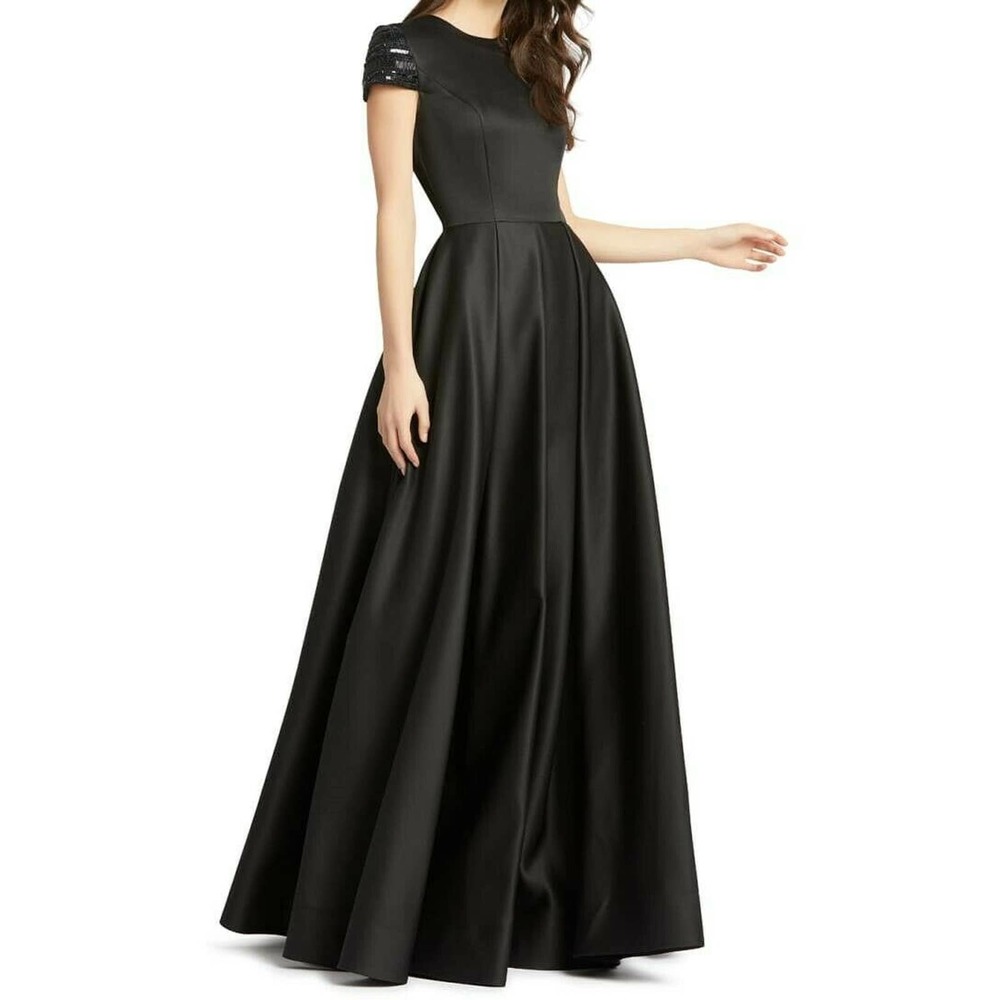 Ieena Mac Duggal NEW Beaded Cap Sleeve Satin Ball Gown Black Dress Size 16